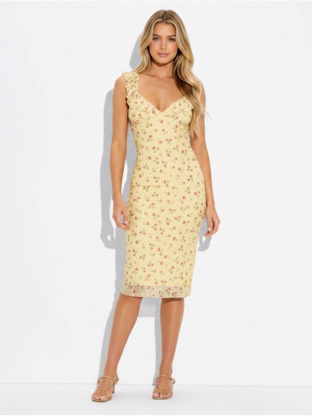 Yellow Floral Ruffle Lace Midi Dress Wild Fable NWT szS
